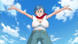 1girls alternate_version_available blue_eyes blue_hair bulma bulma_(dragon_ball) bulma_briefs cleavage dragon_ball dragon_ball_super erect_nipples jeans large_breasts low-angle_view neckerchief nipple_bulge outstretched_arms rokasta1_(artist) screenshot_edit see-through_clothing short_hair sky standing