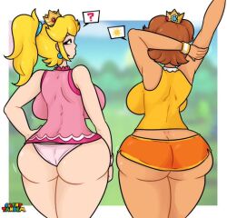 2girls armpits arms_up artist_logo artist_name ass back_view blonde_hair blurry_background breasts brown_hair clothed clothing crown dark-skinned_female dark_skin earrings female female_only from_behind hairband hand_on_hip huge_ass huge_breasts low_quality mario_(series) mario_tennis medium_hair motion_lines multiple_girls nintendo non-nude outdoors outside panties ponytail princess_daisy princess_peach shirt short_hair silenttandem skirt sleeveless sleeveless_shirt source_request speech_bubble sports_uniform sportswear standing stretching thick_ass thick_thighs upskirt wide_hips wristband