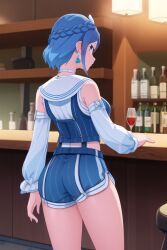 ai_generated ass bare_shoulders blue_eyes blue_hair blush breasts detached_sleeves female from_behind genshin_impact half_updo idyia_(genshin_impact) looking_at_viewer looking_back medium_breasts npc shiny shiny_clothes shiny_hair shiny_skin short_hair short_shorts shorts sideboob solo