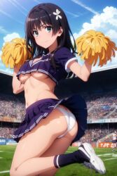 1girls ai_generated ass big_ass big_breasts black_hair breasts busty cheerleader crowd female female_only green_eyes large_breasts looking_at_viewer midriff navel no_bra pom_pom_(cheerleading) saten_ruiko sensual smile solo stadium to_aru_kagaku_no_railgun to_aru_majutsu_no_index underboob