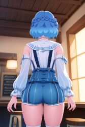 ai_generated ass bare_shoulders blue_hair blush detached_sleeves female from_behind genshin_impact half_updo idyia_(genshin_impact) npc shiny shiny_clothes shiny_hair shiny_skin short_hair short_shorts shorts sideboob solo thick_thighs