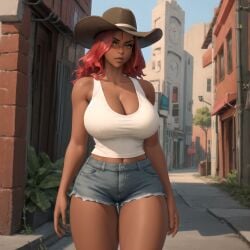 ai_generated big_breasts calamity_(fortnite) cixf cow_girl cowgirl dark_skin denim_shorts farmgirl fortnite fully_clothed fully_clothed_female huge_breasts looking_at_viewer mommy outside self_upload shorts thick_thighs white_tank_top