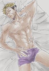 1boy 2d arm_behind_head arms_behind_head boxers color colored ear_piercing erection_under_underwear eyebrow_cut first_porn_of_character gay hair_fade head_tilt male_focus male_only nijisanji nijisanji_en on_bed piercing piercings purple_underwear scars shirtless shirtless_male sleeping tagme underwear vantacrow_bringer virtual_youtuber vtuber yaoi yellow_hair zzz