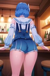 1girls ai_generated ass bare_shoulders blue_hair blush detached_sleeves female from_behind genshin_impact half_updo idyia_(genshin_impact) npc shiny shiny_clothes shiny_hair shiny_skin short_hair short_shorts shorts sideboob solo thick_thighs