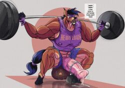 animal_humanoid anthro balls barbell_squats big_balls big_muscles big_penis bodily_fluids bound breath clothing crouching cum cum_drip dialogue dripping ejaculation english_text equid equid_humanoid equine equine_humanoid erect_nipples exercise felicityfux genital_fluids genitals hi_res horse huge_balls huge_cock huge_muscles humanoid hyper hyper_balls hyper_genitalia hyper_muscles hyper_penis leaking_cum leaking_precum lifting male male_only mammal mammal_humanoid muscular muscular_anthro muscular_male nipples panting penis piercing precum simple_background small_head solo solo_male speech_bubble sweat sweaty_balls sweaty_chest sweaty_clothing sweaty_genitalia tail tail_tied text tight_clothing torn_clothing weightlifting workout workout_clothes workout_equipment