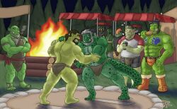 beard chernobog_kuzarnak clothing dragon facial_hair fight hairy humanoid hybrid jadehusk male male/male male_only orc orc_male orctober sumo tattoo thighs underwear wrestling