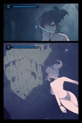 air_bubbles ass backboob big_breasts bikini bikini_bottom black_hair bouncing_breasts bracelet breasts breath_holding brown_eyes bubbles cave collarbone exploration female female_only kayo_(rou) knife knife_in_mouth movement_lines necklace original original_character oxygen_meter ponytail rou_(rou22) ruins swimming topless underwater