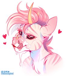 anthro aroused bodily_fluids cum cum_on_face equid equine fluffy fluffy_chest genital_fluids hair hi_res horn licking licking_lips male mammal meowcephei oxe pink_eyes pink_hair portrait solo tongue tongue_out unicorn unicorn_horn