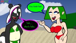 beach big_breasts bikini black_fur boyfriend-girlfriend celine_macadam chubby chubby_belly chubby_male cute ebony_moon femboy furry green_bikini green_hair human interspecies interspecies_relationship kenmazu95 male_in_bikini nervous red_bikini skunk skunk_boy slightly_chubby swimsuit thick_thighs toony white_belly