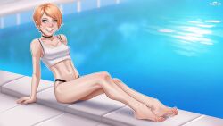 andava andavaverse andrea_summers barefoot bikini blonde_hair blue_eyes blush choker digital_drawing_(artwork) digital_media_(artwork) earrings feet female female_focus female_only midriff navel pool poolside reclining short_hair smiling soles swimsuit swimwear tank_top toes tomboy