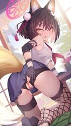 2girls allied_hyakkiyako_academy_student animal_ears bike_shorts black_gloves black_hair blue_archive blue_skirt censored character_in_background fingerless_gloves fishnet_thighhighs fishnets fox_ears fox_girl fox_tail from_behind gloves halo highres izuna_(blue_archive) looking_at_viewer looking_back michiru_(blue_archive) mosaic_censoring multiple_girls neckerchief ninjutsu_research_club_(blue_archive) oerba_yun_fang open_mouth partially_fingerless_gloves pussy red_halo red_neckerchief short_hair skin_fang skirt soles tail thighhighs yellowpaint.