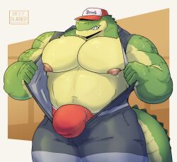 absurd_res alligatorid anthro barazoku baseball_cap beefburner big_bulge big_muscles bulge clothing crocodilian digital_media_(artwork) flaccid green_body hat headgear headwear hi_res male male_only muscular muscular_anthro muscular_male obscured_eyes pecs reptile scalie simple_background solo solo_male