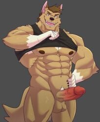 2022 abs anthro balls barazoku biceps blackclown00 bodily_fluids bottomless brown_eyes brown_hair brown_nipples canid canine canis claws clothed clothing clothing_lift finger_claws flexor_carpi fur genitals hair hi_res looking_at_viewer male male_only mammal muscular_thighs nipples obliques open_mouth penis pubes senryo shirt shirt_lift smile solo sweat tan_body tan_fur topwear vein veiny_penis white_body white_fur white_hair wolf