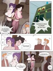 2boys 2girls 4boys alien alien_girl amy_wong big_breasts black_hair blonde_hair blush breasts cleavage comic confused dark-skinned_male dialogue futurama heart illustration imminent_sex interracial large_breasts long_hair navel nervous one_eye orange_hair partially_clothed philip_j_fry purple_hair short_hair text tied_up turanga_leela wjs07 zapp_brannigan