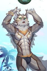 1boy 2:3 5_fingers abs absurd_res anthro beach bracelet briefs bulge canid canine canis claws clothing countershading fingers food fruit green_eyes hair hi_res jackal jewelry lifewonders long_hair male male_only mammal mane mane_hair melon muscular muscular_anthro muscular_male navel open_mouth palm_tree pecs plant seaside seth_(tokyo_afterschool_summoners) solo speedo sport standing swimwear tokyo_afterschool_summoners tree ty_arashi underwear volleyball watermelon