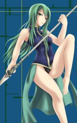 1girls alternate_costume bad_id bad_pixiv_id bare_legs barefoot black_panties female female female_only fire_emblem fire_emblem:_path_of_radiance fire_emblem:_radiant_dawn green_eyes green_hair legs long_hair nephenee_(fire_emblem) nintendo open_mouth panties polearm sajittari solo spear underwear weapon