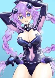 1girls armpits big_breasts blue_eyes bodysuit braided_hair female_only looking_at_viewer navel neptune_(neptunia) neptunia_(series) power_symbol-shaped_pupils purple_hair purple_heart_(neptunia) solo solo_female thick_thighs very_long_hair