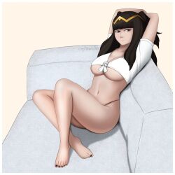 1girls arms_up bangs bare_legs barefoot black_eyes black_hair black_panties breasts cleavage couch expressionless female female_only fire_emblem fire_emblem_awakening large_breasts legs long_hair looking_at_viewer nail_polish nintendo on_couch panties purple_eyes pvtnuddles revision shirt sitting solo tharja_(fire_emblem) underboob underwear