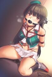 absurdres ball_gag bare_shoulders black_hair black_socks blush bondage bound choukai_(kantai_collection) choukai_kai_ni_(kantai_collection) dutch_angle female female_only gag glasses green_headwear highres kaddo kantai_collection kinbaku kneeling long_hair looking_at_viewer red_eyes red_rope restrained rope rope_bondage saliva shibari shibari_bondage shirt sleeveless sleeveless_shirt socks solo solo_female