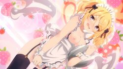 big_breasts blonde_hair blush breasts chloe_(princess_connect!) covering_crotch edited_official_artwork elf elf_ears elf_female maid maid_apron maid_uniform medium_breasts nipples no_bra princess_connect! princess_connect!_re:dive ribbons shy twintails