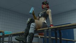 1girls 3d 3d_(artwork) abs baseball_cap basketball black_socks blender blender_(software) blue_eyes blush blushing_at_partner blushing_profusely boots crop_top cropped_shirt crossed_legs dusty_(fortnite) female fortnite fortnite:_battle_royale fully_clothed fur jean_shorts legs_crossed locker locker_room lockers long_socks looking_at_viewer looking_down necklace neckwear nose_piercing nose_ring red_hair red_lips red_lipstick shiny_skin short_hair shorts sitting sitting_on_bench six_pack slim_figure slim_girl slim_waist small_body solo spaghetti_strap sports_bra sportswear striped_legwear striped_socks sweat sweaty sweaty_body sweaty_legs tank_top tattoo tattoo_on_chest tattoo_on_neck tattooed_arm tattoos vannifyarts water_bottle wet wet_body wet_skin wide_hips wristband wristwear