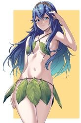 1girls alternate_costume ameno_(a_meno0) bikini blue_eyes blue_hair breasts cowboy_shot female female_only fire_emblem fire_emblem_awakening hair_between_eyes leaf leaf_bikini leaf_clothing leaf_on_breast long_hair looking_at_viewer lucina_(fire_emblem) navel nintendo simple_background small_breasts smile solo swimsuit symbol symbol-shaped_pupils symbol_in_eye tiara