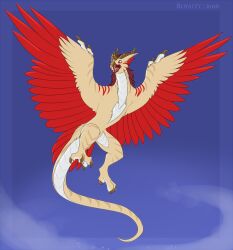 2018 3_horns airborne ambiguous_gender androgynous avian avian_dragon avian_wyvern beak belly_scales blue_background blue_sky clawed_feet clawed_toes clawed_wings clouds dragon face_markings face_stripes facial_markings facial_stripes feathered_body feathered_feet feathered_toes feathered_wings feathers fingered_wings flight flying foot_claws foot_feathers fur furred_body furred_toes hair hybrid midair open_mouth owl red_feathers red_markings red_tail_feathers royalty_(artist) scalie shoulder_markings sky tail tail_feathers talons tan_eyes tan_feathers tan_fur tan_iris teeth toe_claws toe_feathers toe_fur tongue toothed_beak white_scales wing_claws wings wyvern