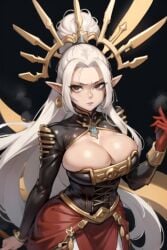 1girls aeldari ai_generated cleavage daidouji_(artist) dress eldar female female_only gigantic_breasts gloves long_hair ornament serious solo solo_female warhammer_(franchise) warhammer_40k white_hair yvraine