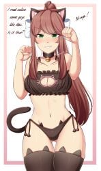 1girls alternate_costume ass_visible_through_thighs boob_window brown_hair catgirl choker cleavage cleavage_cutout collar doki_doki_literature_club english_text green_eyes long_hair medium_breasts monika_(doki_doki_literature_club) pointy_chin raionart skimpy skimpy_clothes solo solo_female tail text thigh_gap thighhighs