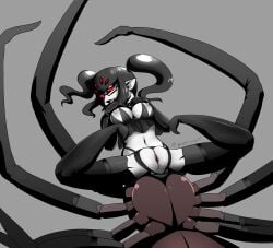 4_arms 6_eyes 8_legs arachnid arachnid_taur areola arthropod arthropod_abdomen arthropod_taur big_breasts black_hair black_sclera breasts cesil_(zedrin) eyewear fangs female genitals glasses hair hi_res humanoid_pointy_ears looking_at_viewer multi_arm multi_eye multi_leg multi_limb navel nipples nude open_mouth presenting presenting_pussy pussy red_eyes signature smile solo spider spider_taur taur teeth text thick_thighs twintails white_body white_skin zedrin