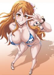 1girls big_breasts bikini bracelet breasts cleavage earrings feet female female_only flower_in_hair full_body jet_puri large_breasts light-skinned_female light_skin log_pose nami nami_(one_piece) one_piece one_piece_film_gold orange_eyes orange_hair post-timeskip sandals simple_background smile solo standing tattoo v