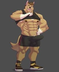 2022 abs anthro barazoku biceps black_bottomwear black_clothing black_footwear black_shorts black_socks blackclown00 bodily_fluids bottomwear brown_eyes brown_hair brown_nipples bulge canid canine canis claws clothed clothing clothing_lift erection finger_claws flexor_carpi footwear fur hair hi_res looking_at_viewer male mammal muscular_thighs nipples obliques open_mouth senryo shirt shirt_lift shoes shorts smile sneakers socks solo sweat tan_body tan_fur topwear white_body white_fur wolf