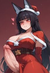 1futa ai_generated altra_x big_breasts big_penis cleavage fox_ears futanari heart hoshimi_miyabi long_hair looking_down precum red_eyes santa_costume santa_hat upper_body zenless_zone_zero