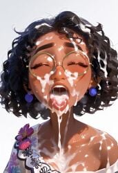 1girls after_fellatio after_oral ai_generated brown_hair cum cum_in_mouth cum_on_face curly_hair dark-skinned_female dark_skin disney encanto eyewear female glasses human latina mirabel_madrigal tagme teenage_girl teenager tongue