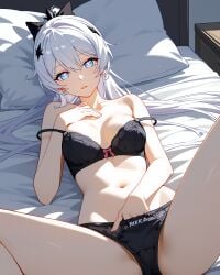 ai_generated bare_shoulders black_underwear casual honkai_(series) honkai_impact_3rd kiana_kaslana looking_at_viewer masturbation masturbation_through_clothing star_shaped_pupils