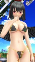 1girls 2023 3d belly_button bikini black_hair_female blue_sky breasts cleavage clouds female_focus flowers garden hand_on_mouth hat hati_yukkuri_mmd headwear hips jpeg light-skinned_female looking_at_viewer midriff mmd outdoors red_eyes shameimaru_aya short_hair_female sky smiling_at_viewer solo_female swimsuit tengu tokin_hat touhou waist wings youkai