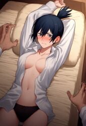 1boy 1girls ai_generated arms_behind_head black_ear_piercing black_hair blue_eyes blush breasts chainsaw_man ear_piercing genderswap genderswap_(mtf) hayakawa_aki looking_at_viewer medium_breasts on_bed open_shirt panties pillow pov rule_63 sweatdrop topknot trembling unbuttoned_shirt white_shirt