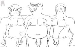 2024 anthro artist_logo artist_name big_man_(splatoon) black_and_white bulge clothed clothing digital_drawing_(artwork) digital_media_(artwork) dubu_(omega_strikers) eyewear fish group hi_res logo male mammal manta_ray marine monochrome mr._jawsum nintendo nipples nude nude_anthro nude_male omega_strikers omori_(game) ray_(fish) rodent shark signature smile splatoon splatoon_(series) splatoon_3 sunglasses sunglasses_only trio