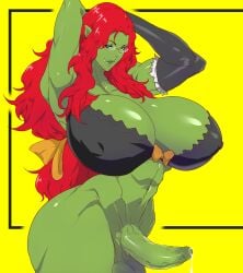 big_breasts bra breasts enormous_breasts erection fangs futanari glasses green_skin huge_breasts muscular muscular_futanari orc orc_futanari penis precum precum_drip red_hair solo tenchizone