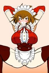 1girls armpits arms_behind_head arms_up blush bottomless breasts brown_hair color digital_media_(artwork) erect_nipples galaxy_gals gloves kuu_(battle_cats) kuu_chaz7hu3hp5 large_breasts light_skin looking_at_viewer maid maid_headdress maid_uniform nipple_bulge nyanko_daisensou pussy ready_to_fuck short_hair teenager the_battle_cats thick_thighs thighhighs thighs tongue tongue_out visible_breath