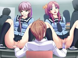 3girls ayakawa_haruki bow brown_hair censored cg circle_hitori clothing desk drool female fingering footwear game_cg green_eyes kenzaki_saori labcoat long_hair multiple_girls no_panties open_mouth pink_hair public purple_hair pussy pussy_juice saliva school_uniform schoolgirl sex sex_education short_hair sitting skirt socks soushin_jutsu_3 soushinjutsu_3 spread_eagle spread_legs teacher teacher_and_student threesome uwabaki vibrator yoshimine_rei yuri