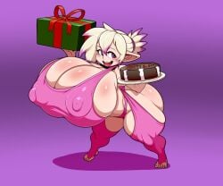 alykia_lumine ber00 box cake female huge_breasts hyper_breasts lalafell pink_outfit shortstack simple_background thick_thighs