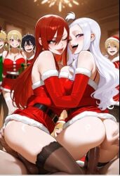 2boys 3girls ai_generated blonde_female blonde_hair carrying_partner carrying_position cheating cheating_female cheating_girlfriend christmas christmas_clothing christmas_outfit cowgirl_position erza_scarlet fairy_tail grabbing grabbing_ass lucy_heartfilia mirajane_strauss one_eye_closed orgy original_character red_hair reverse_cowgirl_position stockings tongue tongue_out white_hair