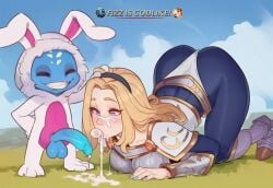1boy 1girl1boy 1girls ai_generated blonde_hair blue_eyes brinkai colored_penis corruption cottontail_fizz cum cum_bubble cum_in_mouth cum_on_face cum_on_mouth fizz_(lol) gameplay_mechanics grabbing_another's_hair hand_on_another's_head heart-shaped_pupils humiliation league_of_legends luxanna_crownguard mind_break on_floor outdoors penis penis_out self_upload small_dom_big_sub smaller_male top_down_bottom_up