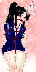 black_hair bondage clothing female gag highres omorashi panties peeing peeing_self policewoman urine wetting