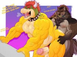 2boys anal anal_sex anthro anthro_on_anthro anthro_penetrated anthro_penetrating_anthro astor_the_peacock balls biceps big_muscles big_penis bowser brown_fur canid canine chest_hair claws collar daddy dialogue doggy_style duo erection fur furry furry_male furry_only gay gay_sex horns humanoid_genitalia humanoid_penis king koopa large_muscles large_penis looking_back looking_down male male/male male_nipples mammal mario_(series) muscular muscular_anthro muscular_male nintendo nipples open_mouth penis penis_in_anus pubic_hair red_hair reptile royalty scalie sex tail text veiny_muscles veiny_penis wolf