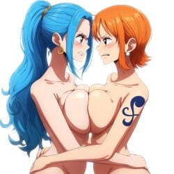 2girls ai_generated bearhug catfight completely_nude completely_nude_female nami nefertari_vivi one_piece staredown yuri