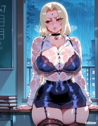 1girls ai_generated breasts cleavage difuxer female female_only large_breasts light-skinned_female light_skin mature_female naruto naruto_(series) see-through see-through_clothing solo thighs tsunade wet wide_hips