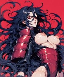 1girls black_gloves blood breasts breasts naruto_(series) naruto_shippuden nipples red_armor red_eyes scars uchiha_madara