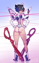 1girls alternate_version_available ass back_view full_body hands_on_hips high_heels horns junketsu junketsu_ryuuko kajinman kill_la_kill legs life_fiber looking_at_viewer looking_back looking_back_at_viewer matoi_ryuuko multicolored_hair partially_clothed scissor_blade_(kill_la_kill) smirk solo teenager watermark